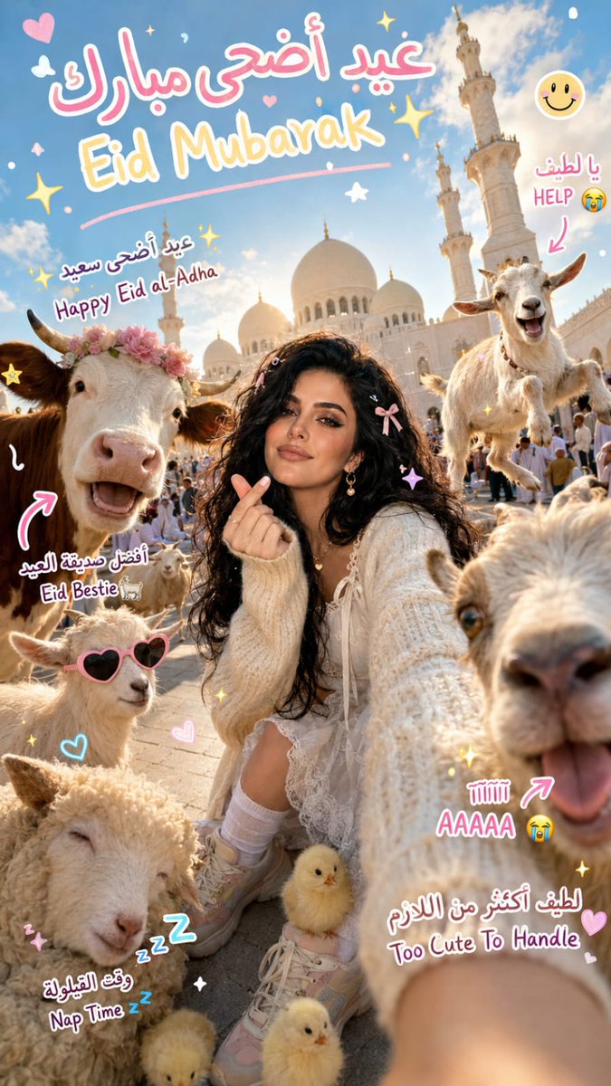 开斋节宰牲节快乐！（Eid Ul Adha Mubarak！） 图片通过 ChatGPT 上的 GPT Image 2 创建 提示词； 超现实主义超级可爱又混乱的开斋节宰牲节自拍照，拍摄于阳光...