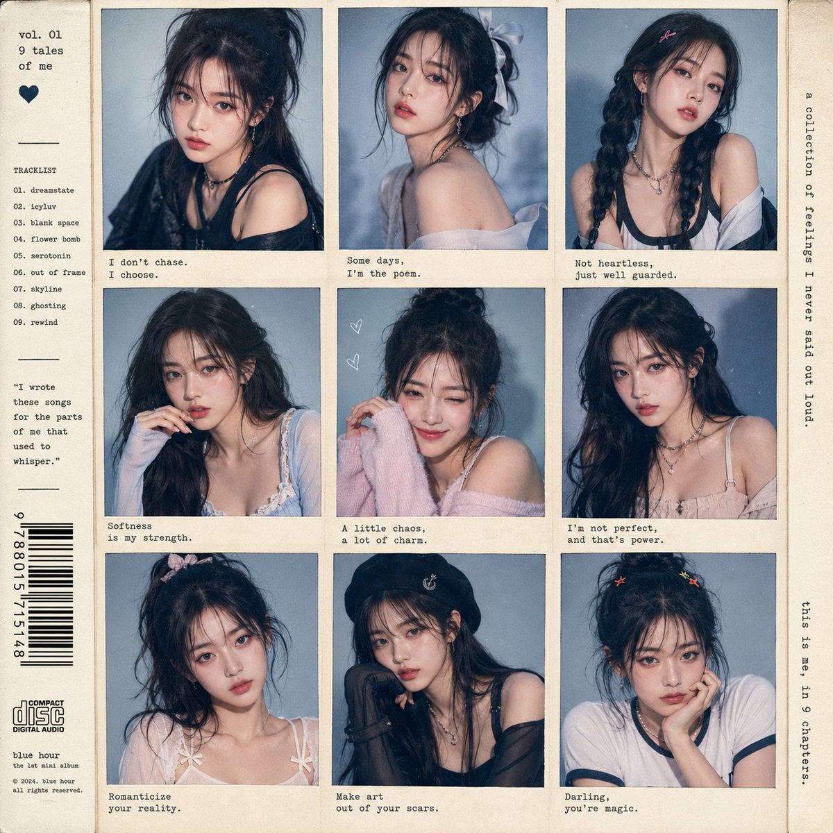 上传图片中的年轻韩国女性,半写实动漫风格,K-pop偶像概念专辑封面,3x3网格肖像拼贴,九张独特的单人肖像,发型和服装各不相同,柔和的蓝灰色摄...