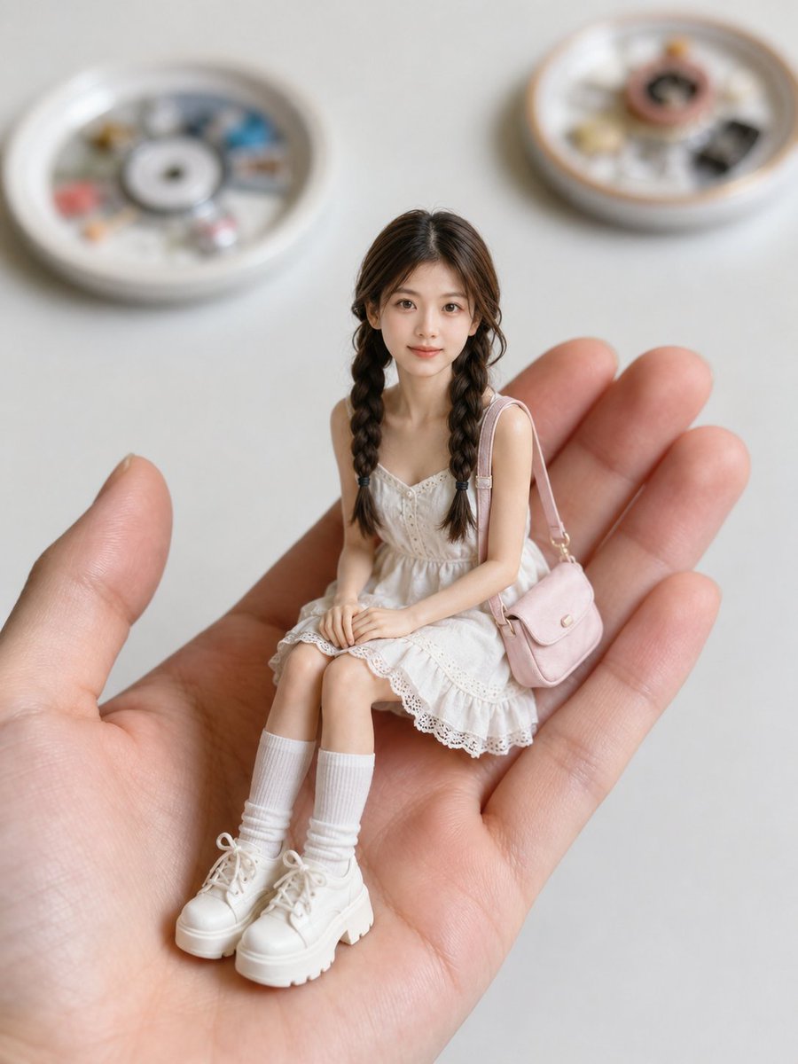 仅将我上传的肖像作为身份参考：保留我真实的面部特征、脸型、发型、发量、发色和整体气质。不要复制我肖像中的服装、背景或光线。创建一个高度细致的微缩写实收藏人偶版本的我，自然地坐在一只真实人类手掌...