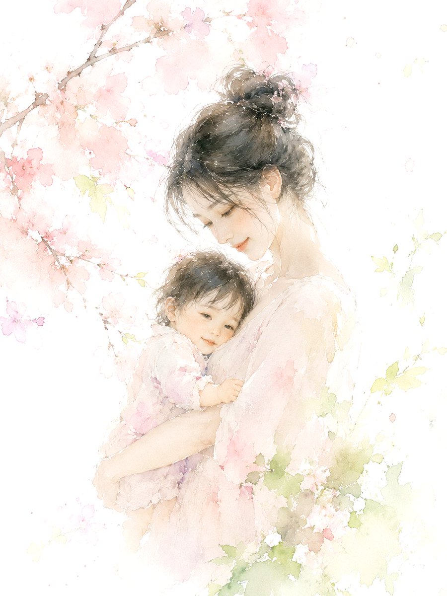 梦幻般的水彩杰作。一位优雅的女子怀抱幼童,以轻盈的印象派笔触和柔和的笔触描绘。以白色为底,辅以樱花粉和嫩叶绿的透明晕染,这些自然色调在冷压水彩纸上铺展开来,营造出宁静、轻盈与转瞬即逝之美。留白...