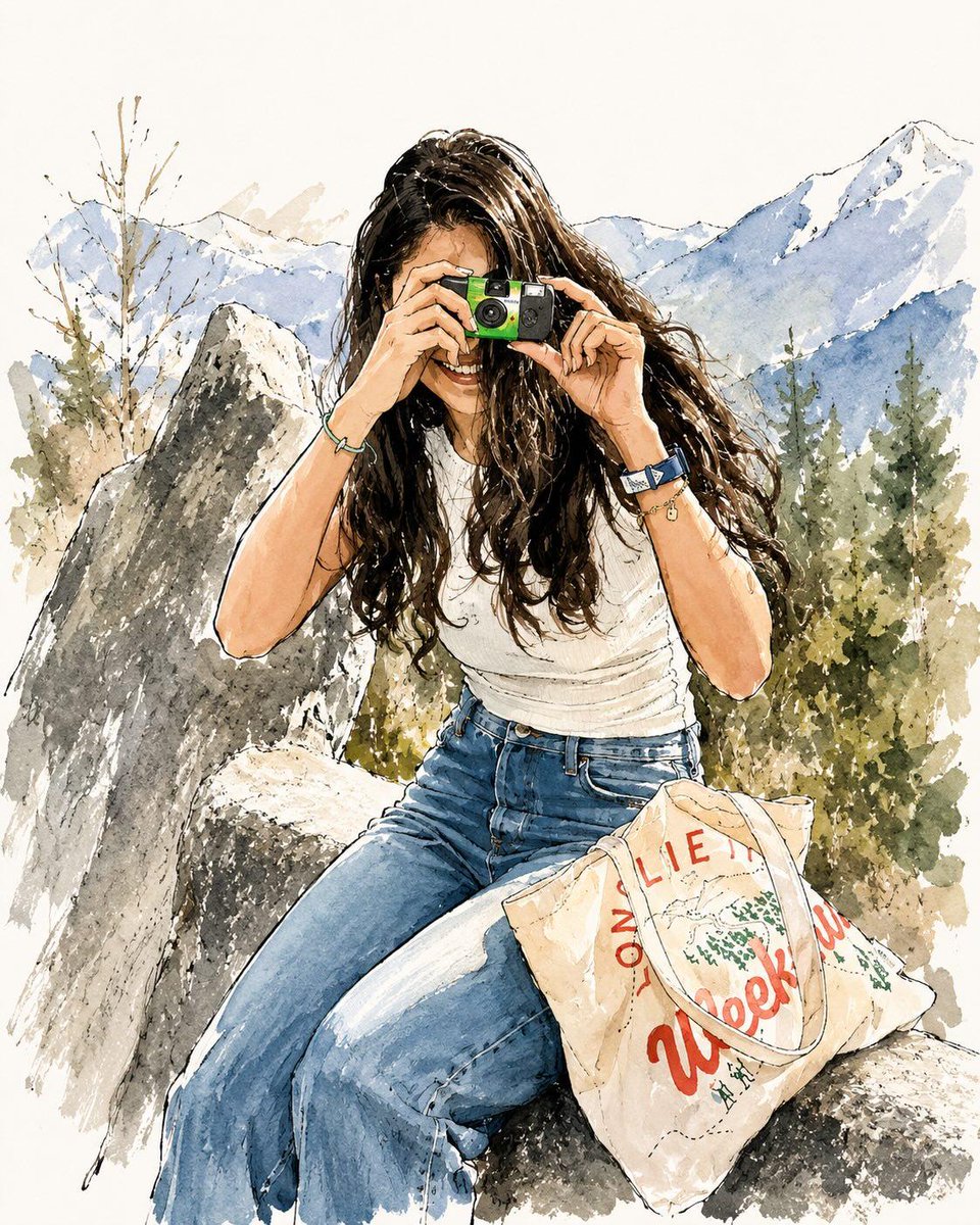 优雅水彩时尚插画：一位时尚的年轻女子穿梭于风景如画的城市和温馨咖啡馆之间,柔软的手绘水彩质感搭配富有表现力的钢笔速写轮廓,现代女性美学,长长的深色波浪卷发,搭配牛仔裤、 oversized 夹...