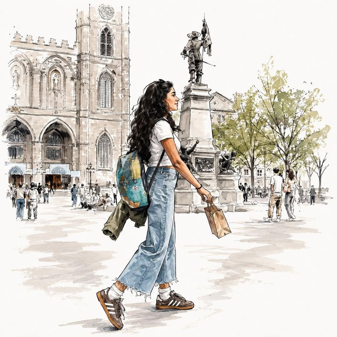 优雅水彩时尚插画：一位时尚的年轻女子穿梭于风景如画的城市和温馨咖啡馆之间,柔软的手绘水彩质感搭配富有表现力的钢笔速写轮廓,现代女性美学,长长的深色波浪卷发,搭配牛仔裤、 oversized 夹...