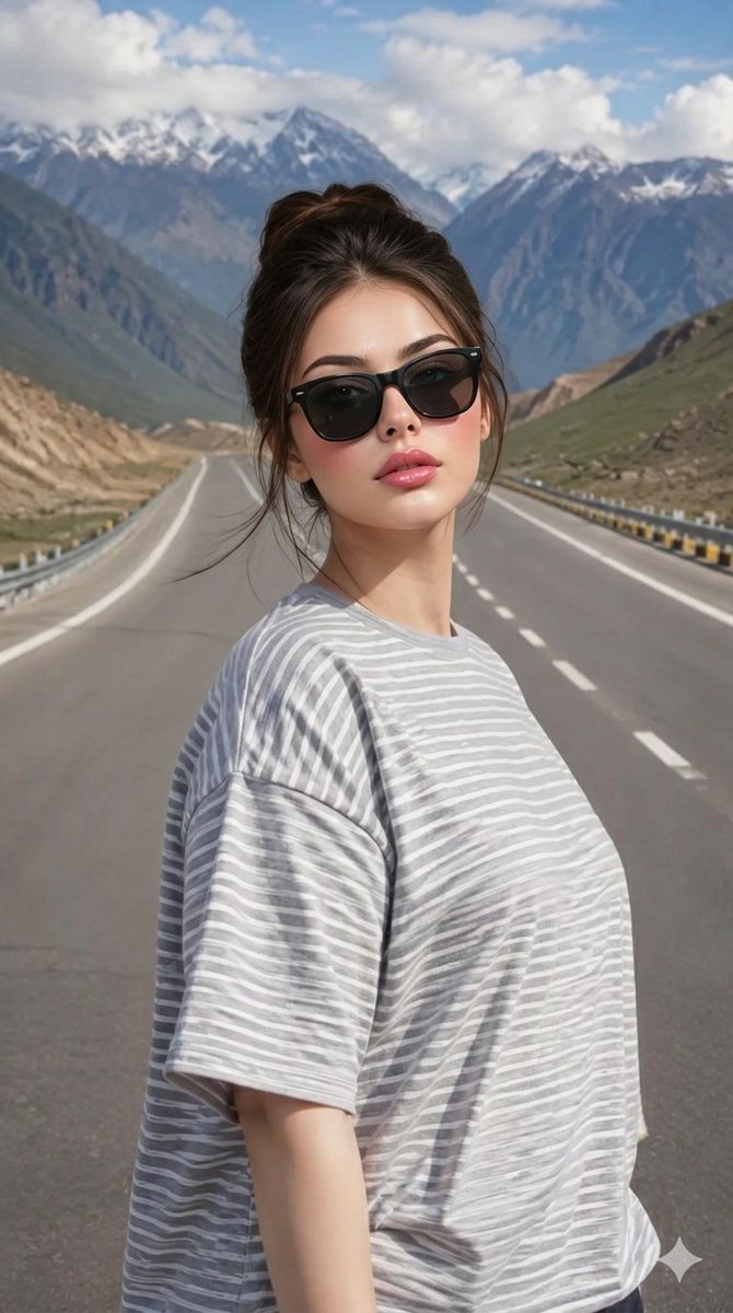 超现实风格的时尚白皙年轻女性，皮肤白皙发光，柔软波浪棕色卷发，高端黑色太阳镜，粉色光泽唇彩，超大灰白条纹T恤，优雅项链，自信地站立在空旷的公路上，电影感山脉背景，柔和自然日光，奢华时尚氛围，细...