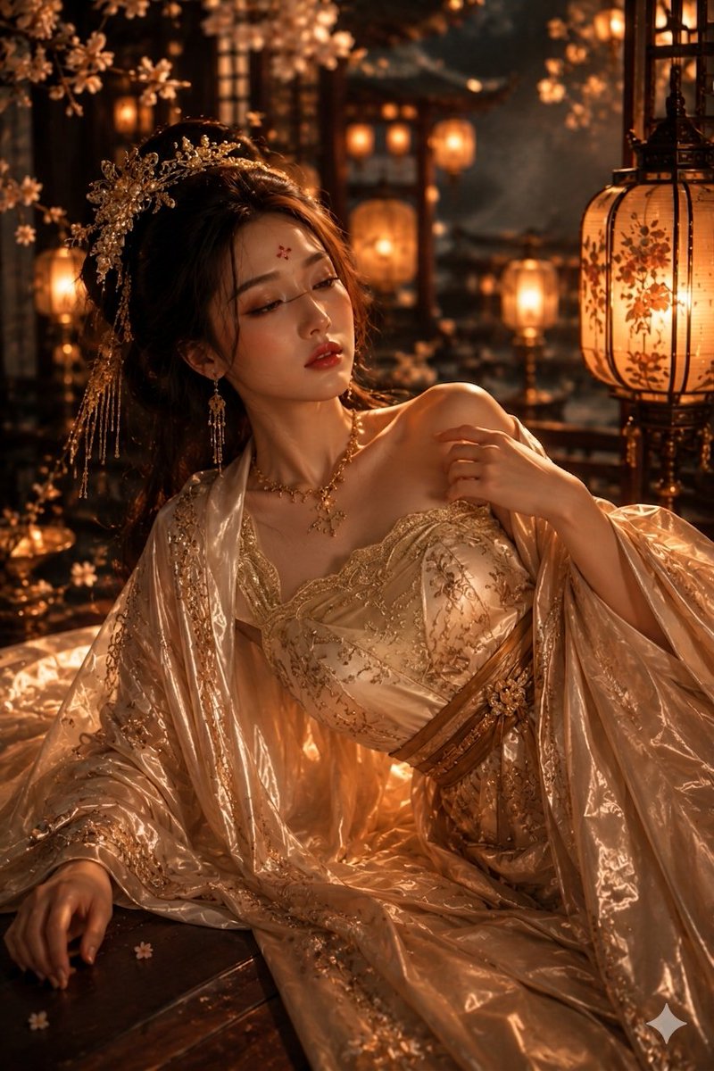 一个超现实、电影感的镜头：一位令人惊艳的东亚女性以中国古代女皇的形象装扮，夜晚优雅地倚卧在装饰华丽的宫廷庭院中。她身穿一件精美绝伦、泛着光泽的金色与香槟色丝绸汉服长袍，带有精致的花卉刺绣，搭配...