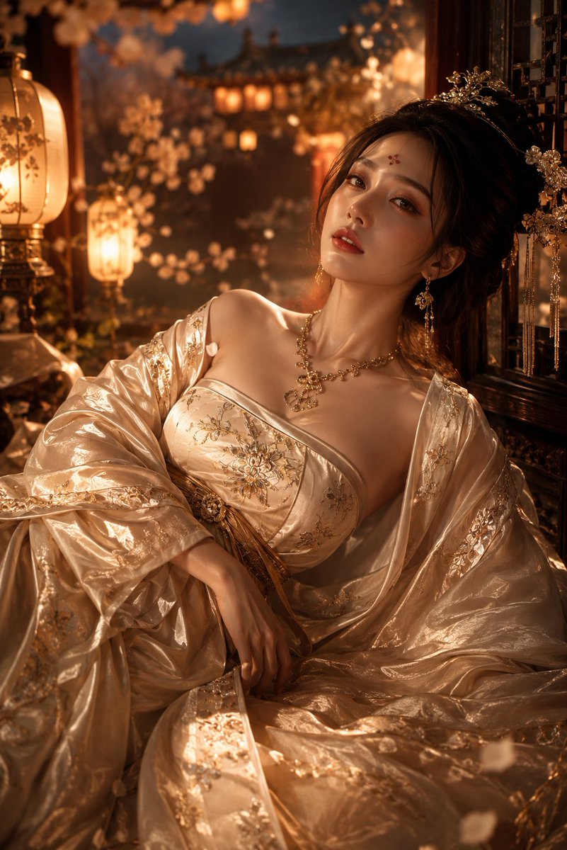 一个超现实、电影感的镜头：一位令人惊艳的东亚女性以中国古代女皇的形象装扮，夜晚优雅地倚卧在装饰华丽的宫廷庭院中。她身穿一件精美绝伦、泛着光泽的金色与香槟色丝绸汉服长袍，带有精致的花卉刺绣，搭配...