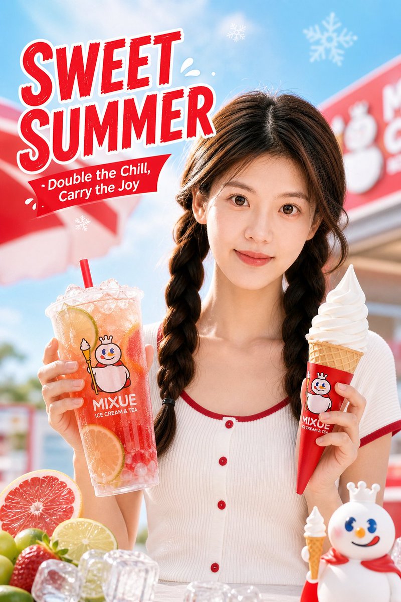为蜜雪冰城（Mixue Ice Cream & Tea）制作优质商业宣传海报，使用上传的肖像照片作为身份参考。仅参考上传肖像的五官和发型，确保最终结果仅通过该肖像即可实现相似的人物身份...