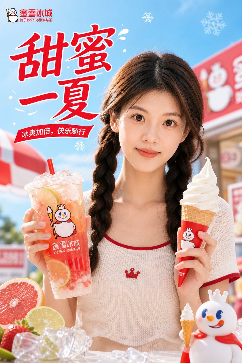 为蜜雪冰城（Mixue Ice Cream & Tea）制作优质商业宣传海报，使用上传的肖像照片作为身份参考。仅参考上传肖像的五官和发型，确保最终结果仅通过该肖像即可实现相似的人物身份...