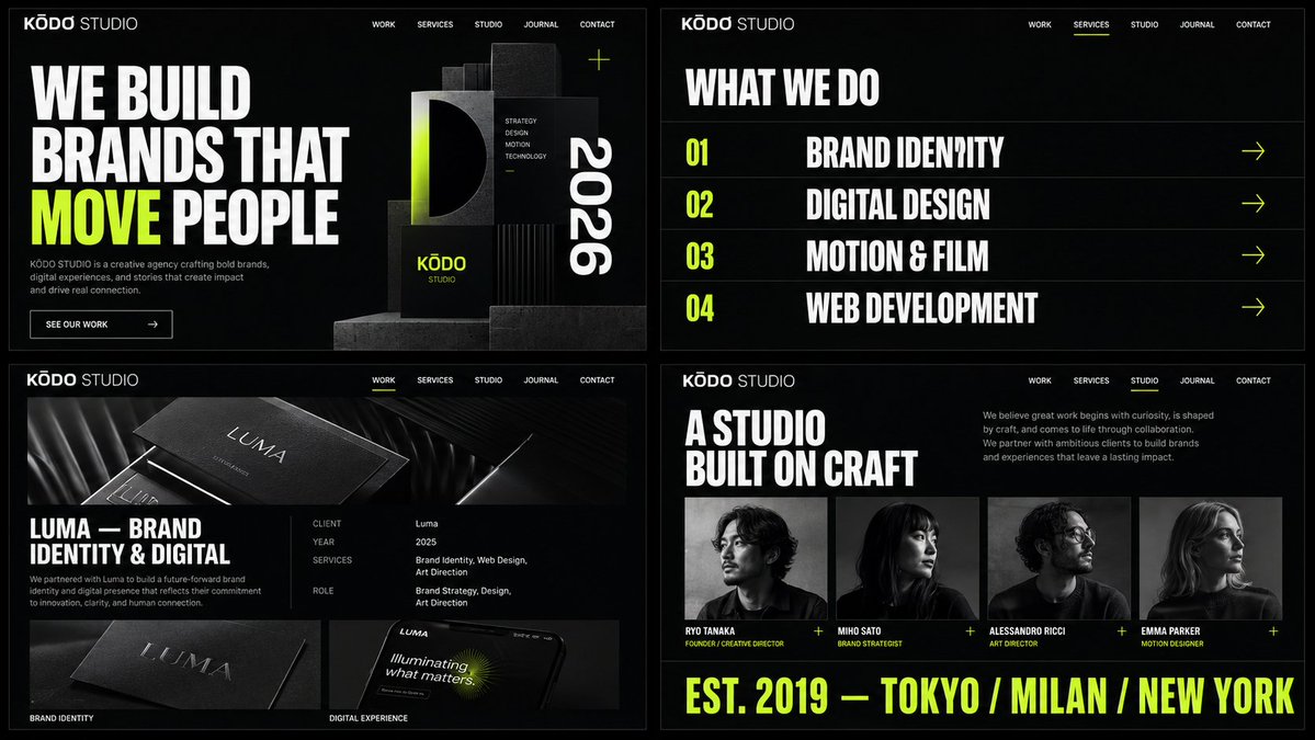 为一个名为"KŌDO STUDIO"的大胆高端创意机构,以16:9横向格式创建4张连贯的网站样机图像。全部4张图像必须属于同一个网站,并共享完全相同的品牌系统:相同的标志风格、相同的锐利超大版...