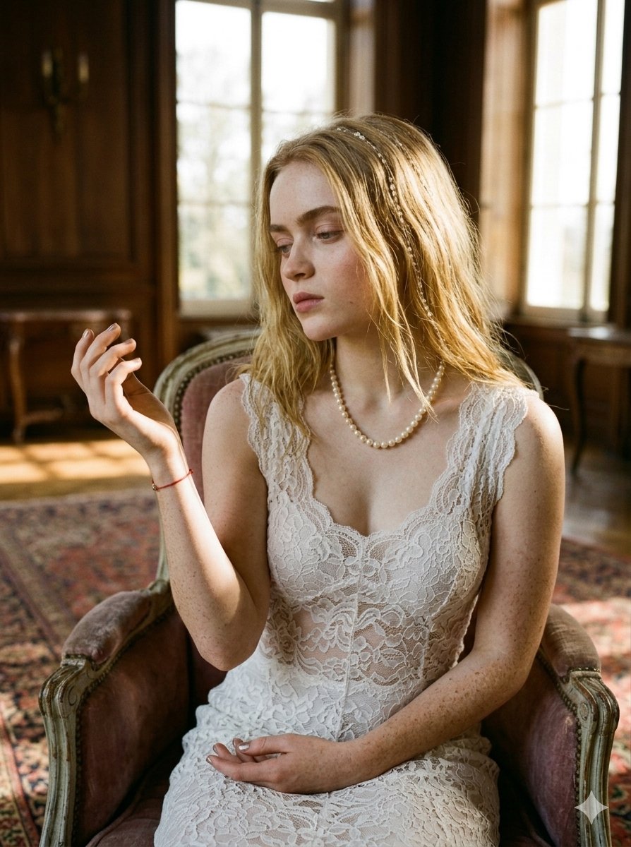 一部电影感十足的人像作品，捕捉阳光倾洒的复古房间里光与影的细腻交织。主体散发出安静而永恒的优雅，身披精致的白色蕾丝，完美地承接从宏伟窗户倾泻而入的温暖光线。经典的珍珠项链优雅地垂落，为画面增添...