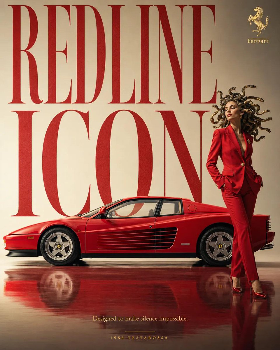 高端超现实汽车广告海报，[BRAND]（品牌）[CAR MODEL]（车型），标志性复古车以干净的侧面视角展示，一位时尚的[CHARACTER]（角色）自信地站在一旁，极简风格影棚环境，带有光...