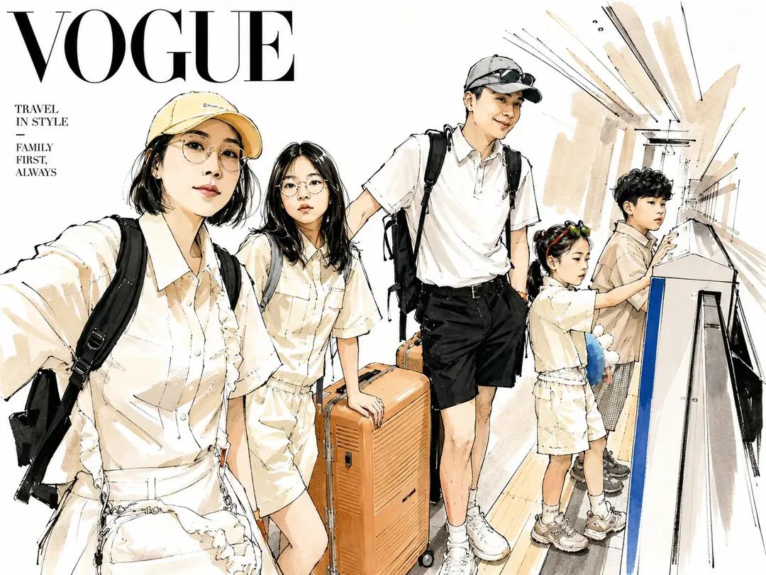 时尚编辑风格水彩插画，灵感源自《Vogue》杂志封面，时髦的现代家庭与朋友摆出随性的旅行自拍姿势，优雅的动漫风格角色配以富有表现力的速写线条艺术，柔和的水彩笔触与墨线轮廓，奢华生活方式美学，极...