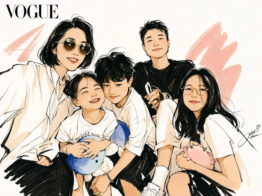 时尚编辑风格水彩插画，灵感源自《Vogue》杂志封面，时髦的现代家庭与朋友摆出随性的旅行自拍姿势，优雅的动漫风格角色配以富有表现力的速写线条艺术，柔和的水彩笔触与墨线轮廓，奢华生活方式美学，极...