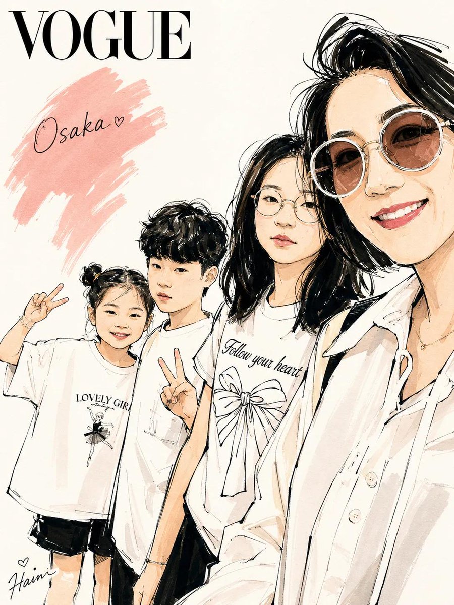 时尚编辑风格水彩插画，灵感源自《Vogue》杂志封面，时髦的现代家庭与朋友摆出随性的旅行自拍姿势，优雅的动漫风格角色配以富有表现力的速写线条艺术，柔和的水彩笔触与墨线轮廓，奢华生活方式美学，极...