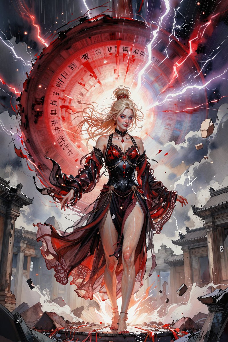 空灵水彩画，配以发光的层叠渲染、细腻的颗粒晕染、柔和晕开的颜料、雅致的墨线点缀、隐约的纸张纹理、如梦似幻的氛围扩散感，以及精致的高细节奇幻插画风格。玛格（Margaux），一位年轻的金发蓝眼女...