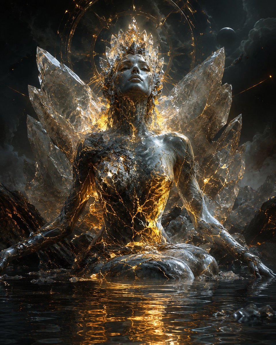 神话中由熔融转化中诞生的水晶女神,发光的金色裂痕如火山脉络般蔓延于她的身躯之上,优雅的女性形象静坐于倒映的黑暗水面,身后巨大的水晶构造宛如神圣之翼,头顶环绕天体光环结构,电影级黑暗奇幻写实风格...