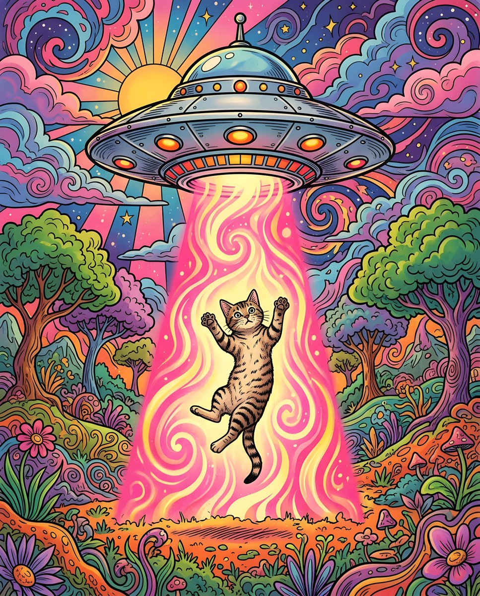 一幅复古风格的插画描绘了一个超现实的场景：一只猫被不明飞行物（UFO）绑架。这个经典的银色圆盘状飞碟带有圆顶，悬浮在空中，发射出一束明亮的粉黄色光柱。一只虎斑猫站在光柱中，爪子张开，似乎表现出...