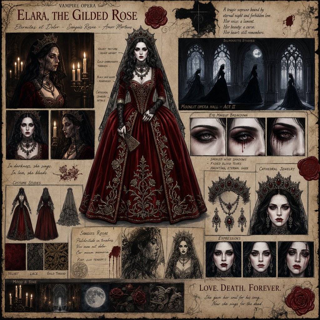 为一部吸血鬼歌剧电影创建一个黑暗哥特风格的电影角色设计板。使用参考图片 美丽的女主角，拥有白皙瓷器般的皮肤，血红色天鹅绒礼服，大教堂风格珠宝，戏剧性的黑色蕾丝面纱。 包含烛光肖像、哥特服装设计...