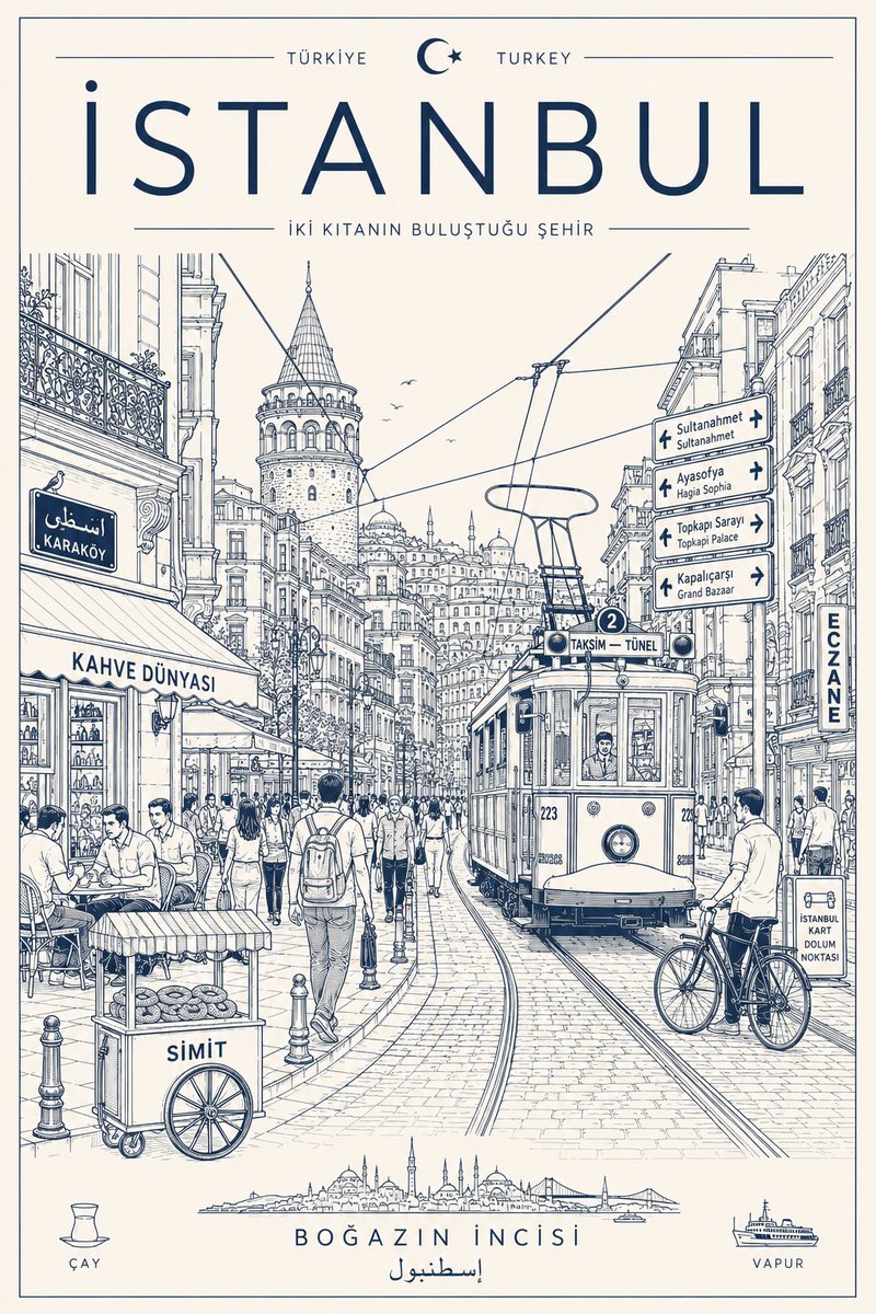 创作一张极简、超细致的[城市/地点]旅行海报，采用干净的单线矢量插画风格。展示真实日常的城市街景，而非游客明信片——包含当地行人、通勤者、骑行者、咖啡馆、餐厅、便利店、公共交通、街道标识、店面...