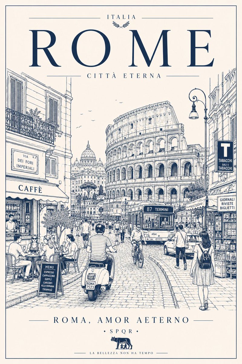 创作一张极简、超细致的[城市/地点]旅行海报，采用干净的单线矢量插画风格。展示真实日常的城市街景，而非游客明信片——包含当地行人、通勤者、骑行者、咖啡馆、餐厅、便利店、公共交通、街道标识、店面...