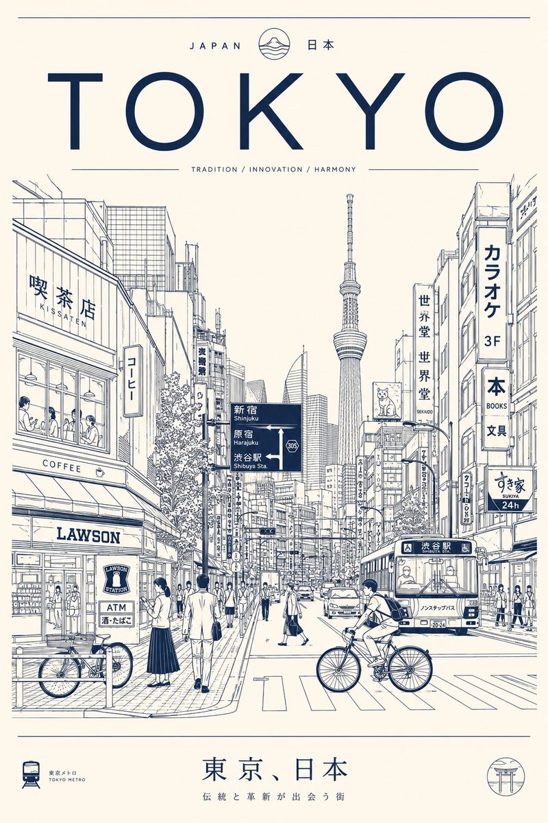 创作一张极简、超细致的[城市/地点]旅行海报，采用干净的单线矢量插画风格。展示真实日常的城市街景，而非游客明信片——包含当地行人、通勤者、骑行者、咖啡馆、餐厅、便利店、公共交通、街道标识、店面...