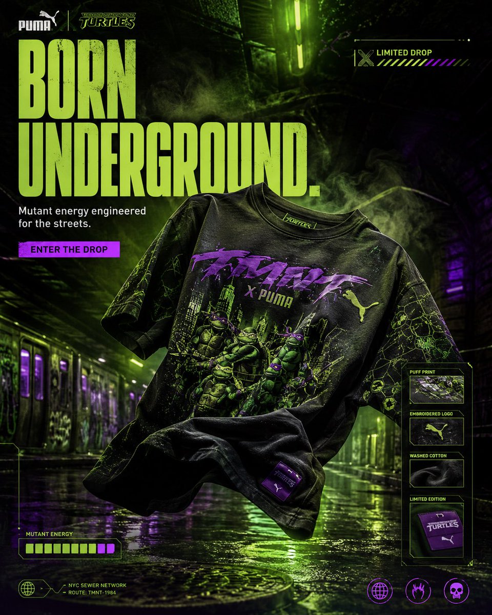 Nano Banana Pro on @SocialSight . PUMA × TMNT 街头服饰 T恤 营销活动提示词 格式： 4:5 竖版高端时尚营销大片 超现实奢华街头服饰广告 时尚编...