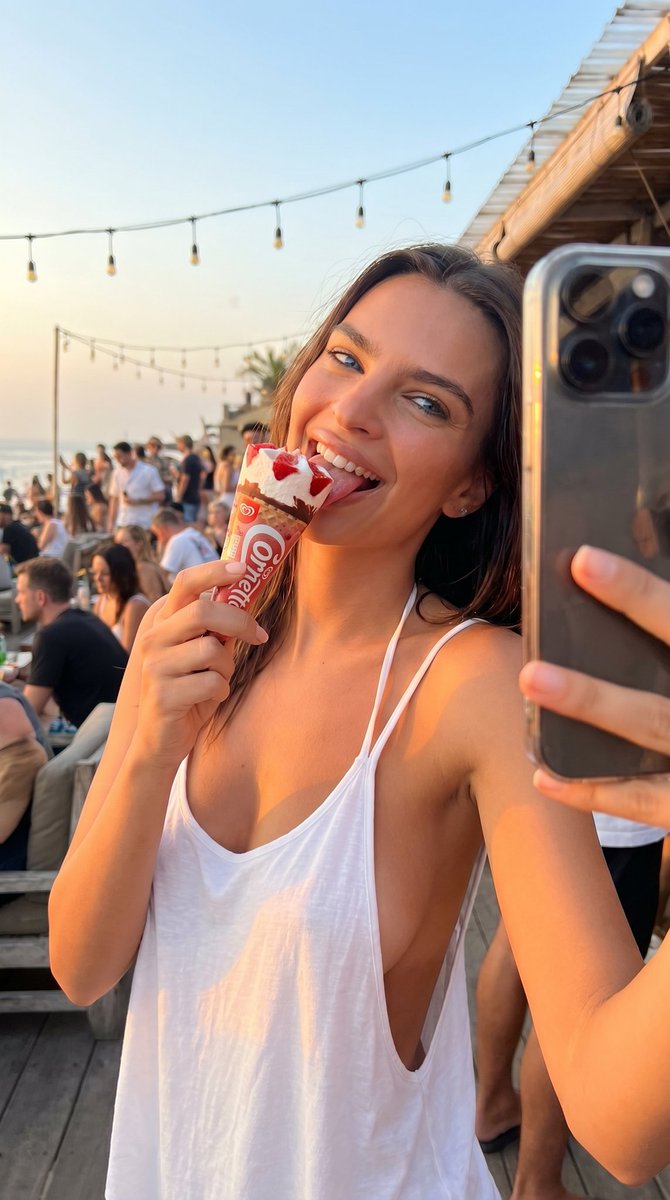 业余特写微模糊自拍的美味惊艳意大利瘦削棕发女友 emily ratajkowski，正在舔食一个草莓奶油甜筒(cornetto gelato)，并在日落时分一家繁忙的酒吧里大笑。自然蓝色眼睛直...