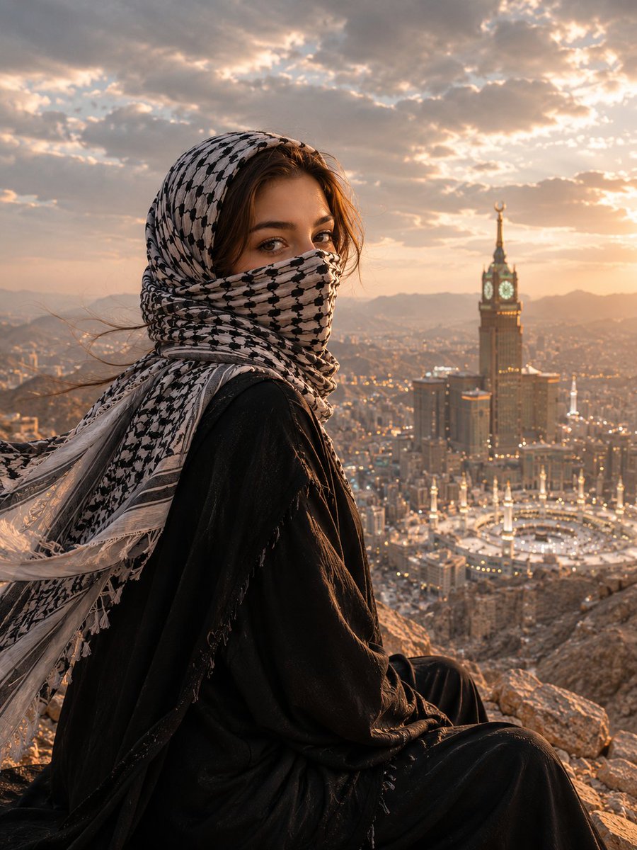 GPT image 2 { "prompt": "Cinematic portrait of a young Muslim woman standing on a mountain overl...