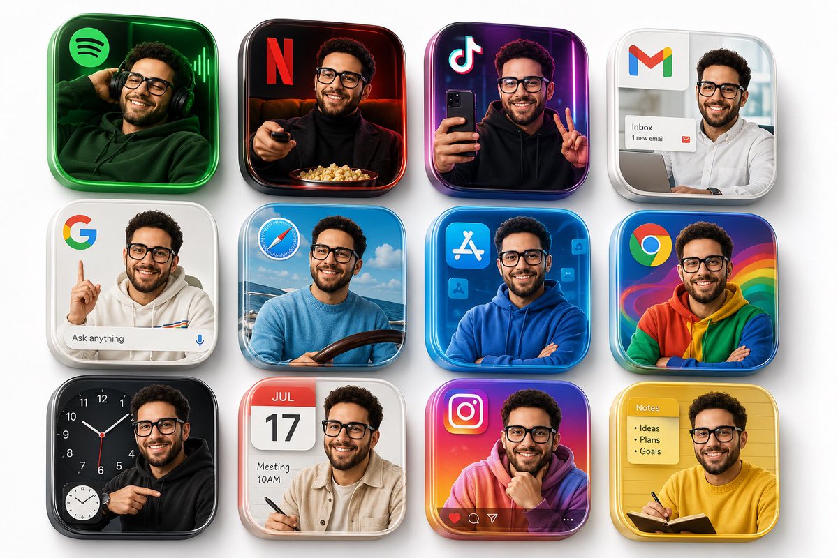 gpt-image-2, Create a premium 3D grid of 12 square app icons arranged ne...