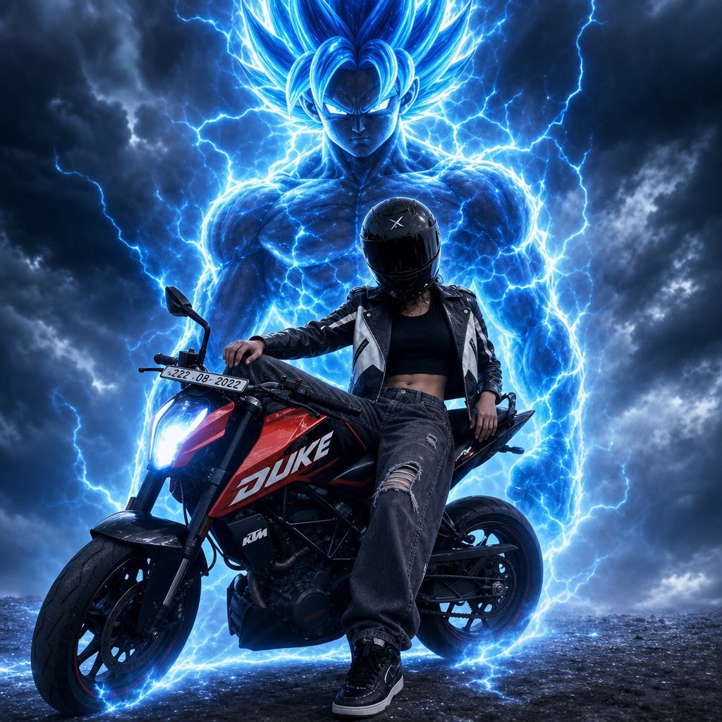 超现实电影感动漫剪辑：一位年轻的女骑手坐在一辆红色 KTM Duke 运动摩托车上，姿势和正面角度与参考图完全一致，身穿黑色短款上衣、黑白皮革夹克、破洞超大宽松深灰色牛仔裤、黑色运动鞋，全黑头...