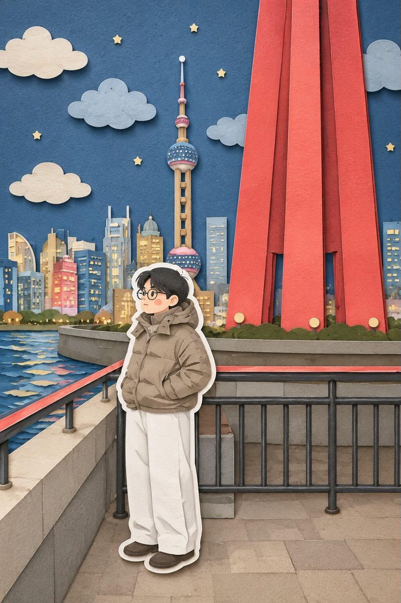 将这张图片转换为柔和的手工剪纸分层插画风格，灵感源自纸艺立体场景的美学。使用平滑圆润的形状、简化的可爱角色比例，以及极简的面部细节（圆点眼睛、腮红脸颊），营造出温暖迷人的视觉效果。应用堆叠的纸...