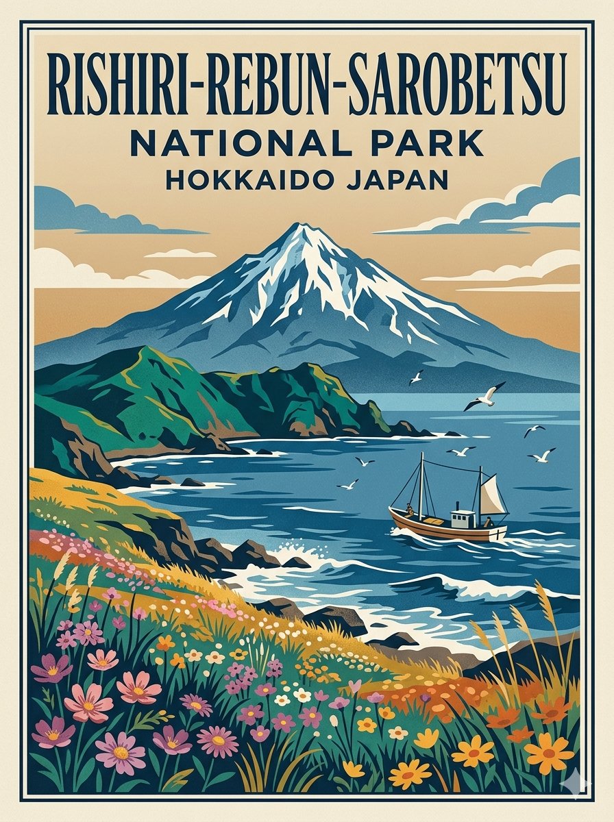 复古风国家公园旅行海报插画，描绘日本北海道利尻礼文佐吕间国立公园，雄伟的雪山耸立于宁静的海湾之上，郁郁葱葱的翠绿悬崖与嶙峋的海岸线，色彩缤纷的野花盛开于前景，宁静的蔚蓝色海浪轻轻拍岸，一艘传统...