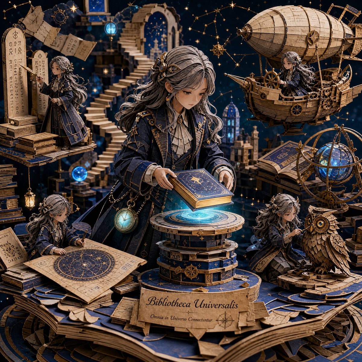 一个高度精细的3D分层纸艺立体场景模型，设置在一座漂浮的宇宙图书馆内，融合了奇幻与蒸汽朋克美学。画面中心是一位若有所思的年轻探险者，留着夹带银丝的长发，松松地编成一条辫子，身着一件优雅的深海军...