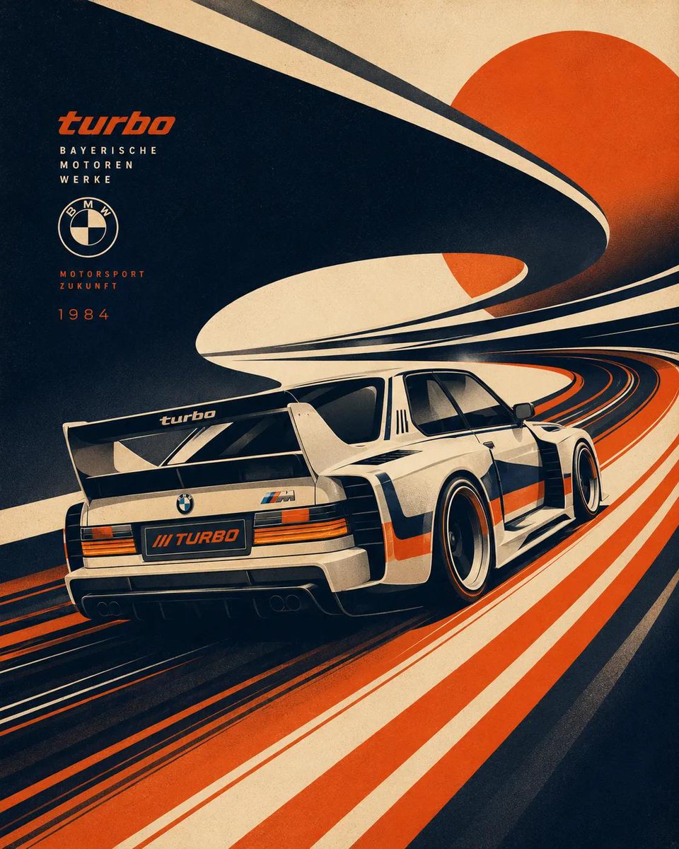 未来主义复古丝网版画插画，[BRAND] 风格的 [VEHICLE] 概念车在巨大流动的图形曲线和抽象的高速道路形态中疾驰，动态 3/4 透视，空气动力学车身，侵略性的姿态与复古赛车美学，风格...
