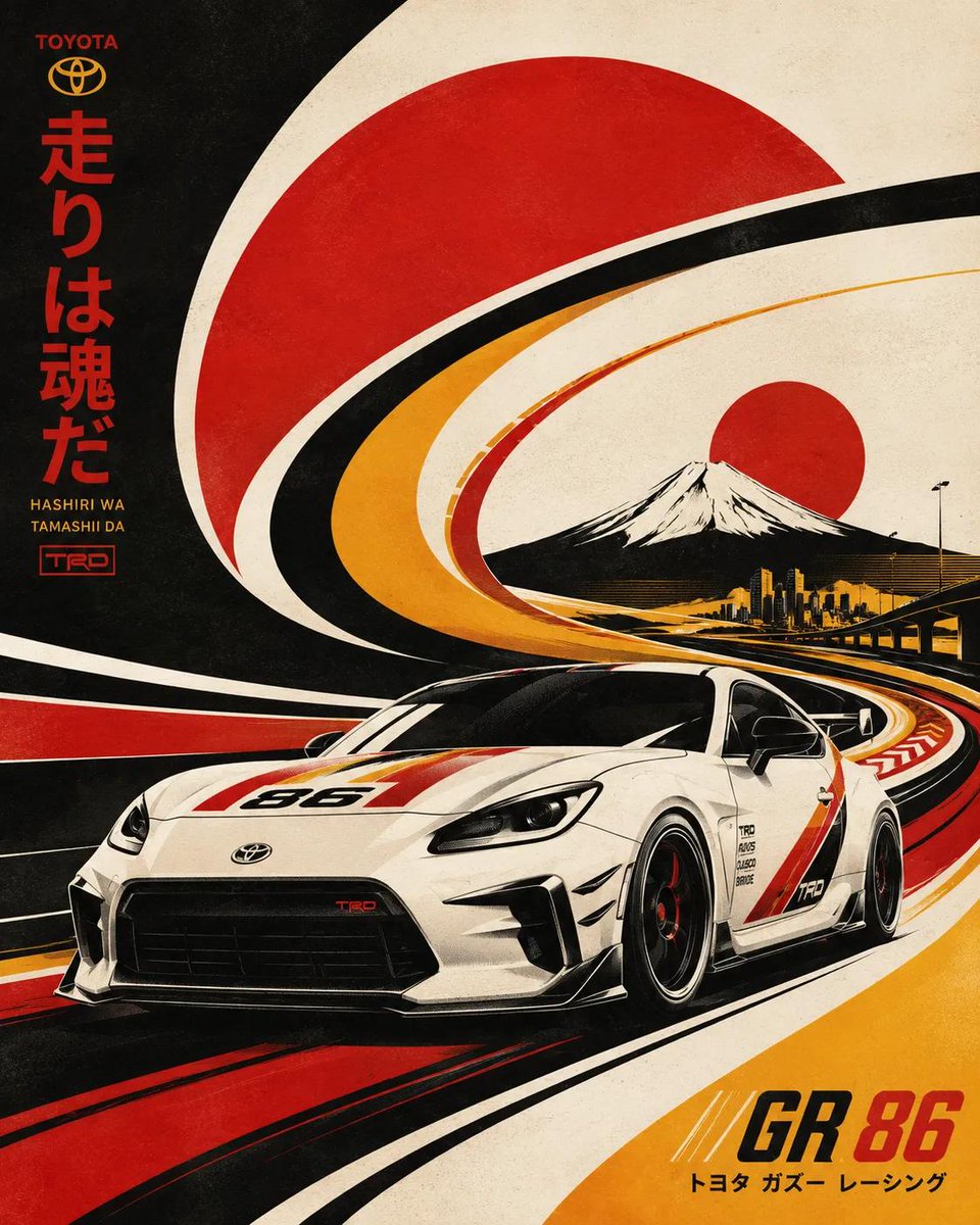 未来主义复古丝网版画插画，[BRAND] 风格的 [VEHICLE] 概念车在巨大流动的图形曲线和抽象的高速道路形态中疾驰，动态 3/4 透视，空气动力学车身，侵略性的姿态与复古赛车美学，风格...