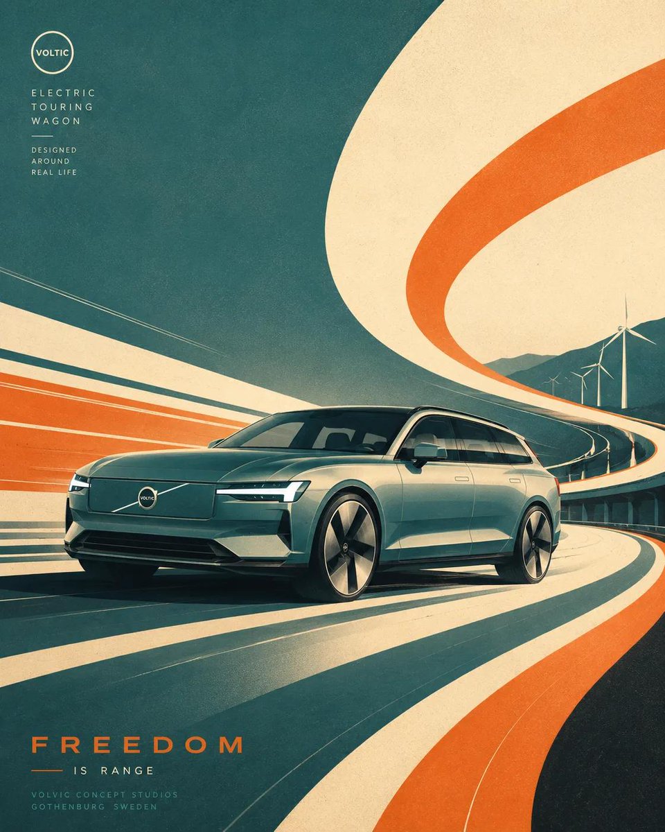未来主义复古丝网版画插画，[BRAND] 风格的 [VEHICLE] 概念车在巨大流动的图形曲线和抽象的高速道路形态中疾驰，动态 3/4 透视，空气动力学车身，侵略性的姿态与复古赛车美学，风格...