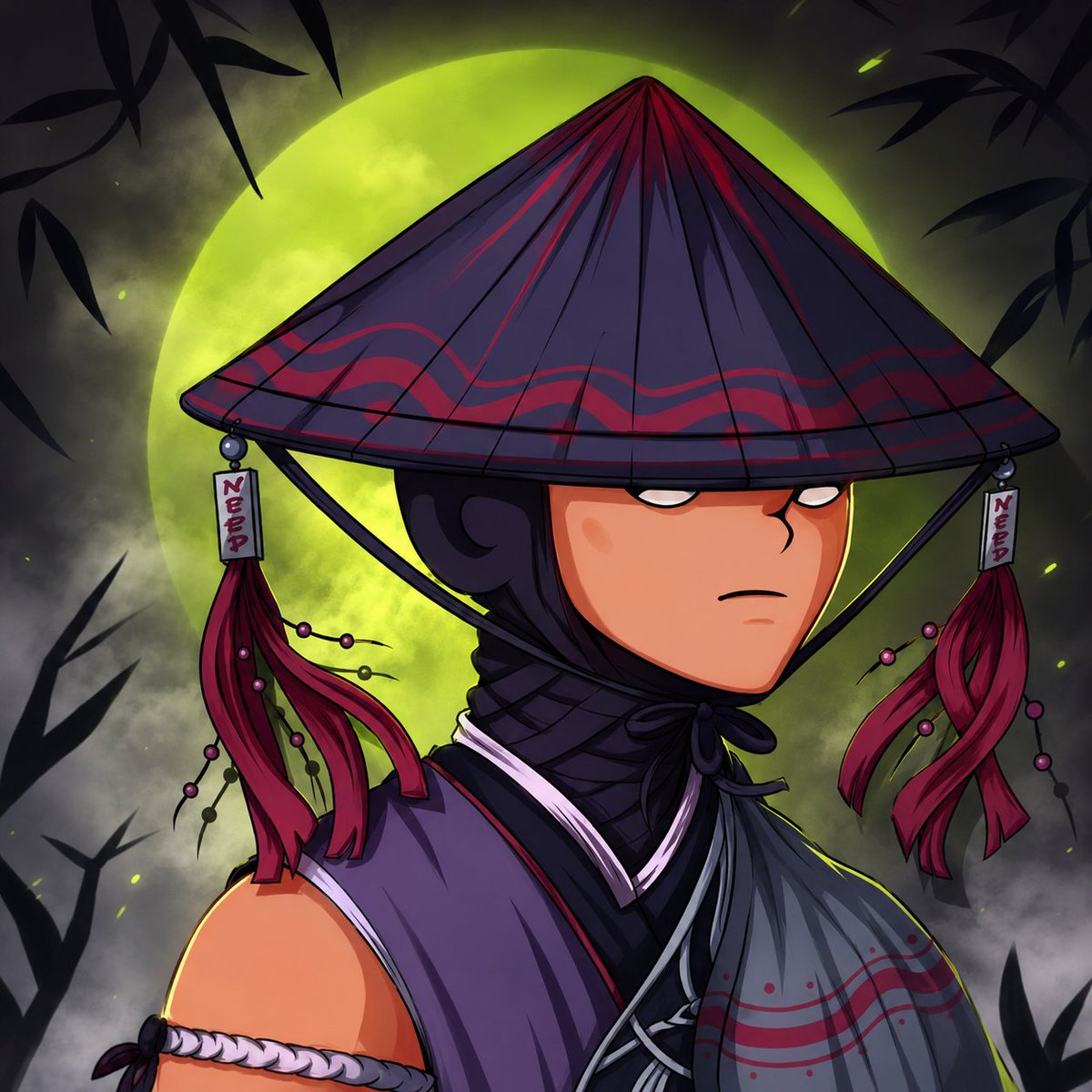 极度细致的赛博朋克武士忍者战士站在巨大发光的满月之下,神秘未来主义的浪人美学,脸部完全被白色绷带包裹,只露出一只霓虹绿发光之眼,巨大的传统日式笠帽由磨损的木材和稻草制成,以凌乱的红绳缠绕并悬挂...