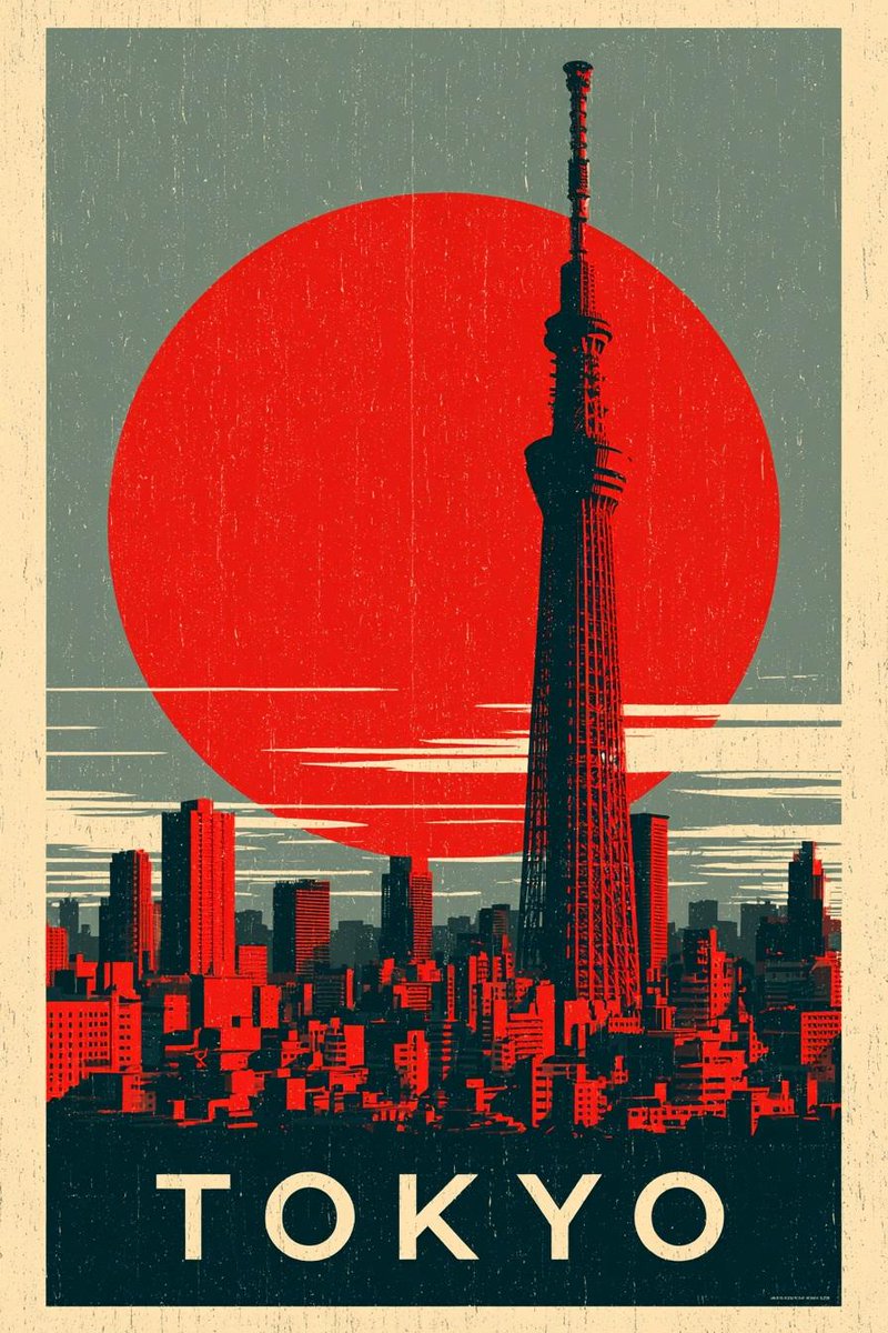 复古怀旧旅行海报系列,标志性世界城市与地标,东京天际线配晴空塔与巨大红日,巴黎埃菲尔铁塔金色日落映照波光粼粼的河面,纽约天际线配自由女神像与复古红日背景,里约热内卢海岸线配基督救世主雕像俯瞰山...
