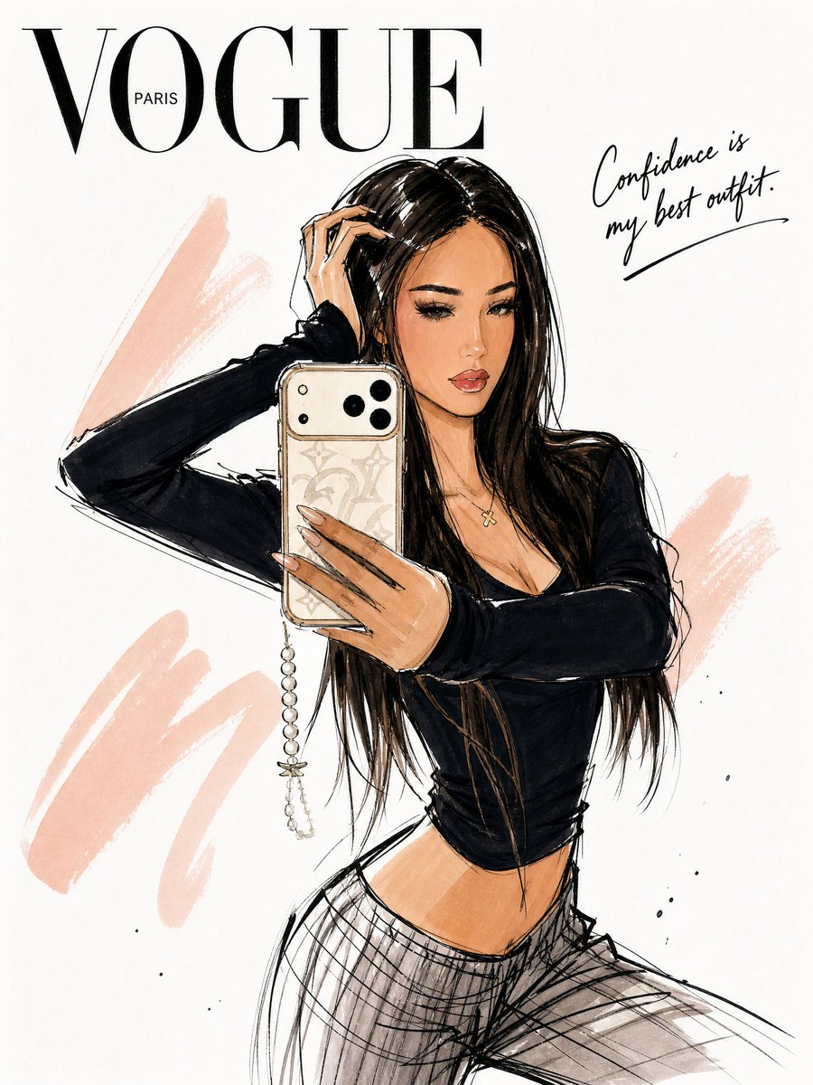👇 将这张照片转换为《Vogue》风格的时装插画，保留人物的身份特征和面部细节。极简手绘时装速写，优雅纤长的比例，粗黑墨线轮廓，松散自信的笔触，平涂马克笔色彩，抽象的腮红色块，图形化的嘴唇，风...