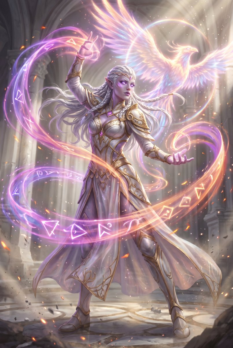 超精细电影级奇幻角色肖像，深色中世纪高奇幻美学，戏剧性战斗姿势。 一位威严的高精灵战士法师，名为织光者伊蕊蒂亚（Iridia, the Lightweaver）。苍白发光的肌肤，银白色辫发随风...