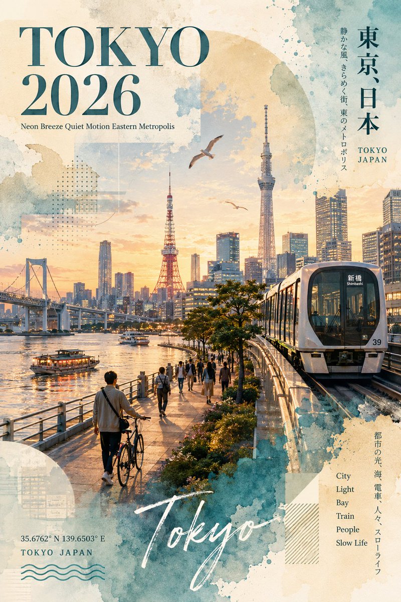 以东京为主题的旅行海报，采用水彩画＋拼贴风格。竖构图。柔和的粉彩色与暖色调，营造黄昏黄金时段的氛围。 场景： 黄昏时分的东京水滨。右侧是未来感十足的百合海鸥号电车，左侧是一人推着自行车前行。步...