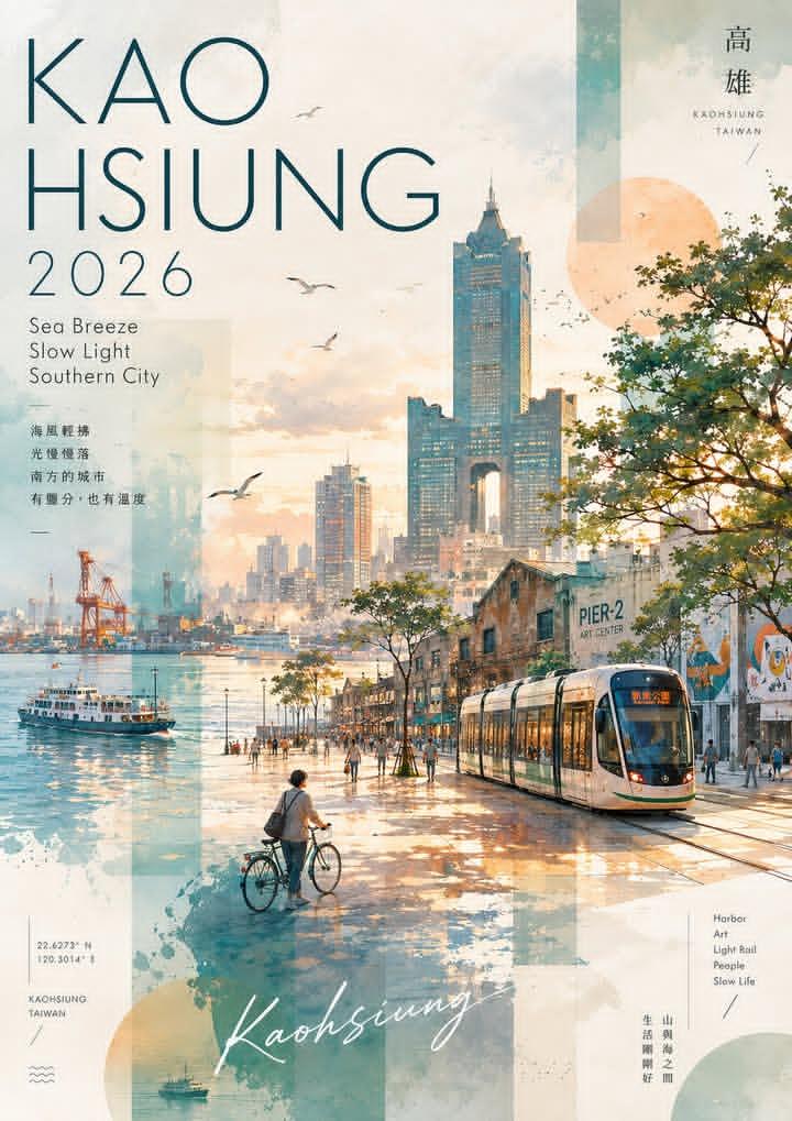 高雄,台湾水彩拼贴风格旅行海报,竖版布局,柔和粉彩与暖色调黄金时刻配色。 场景:日落时分的水滨步道,右侧有一辆现代轻轨电车,左侧一人推行自行车,行人沿步道漫步。背景为高雄天际线,包含85大楼及...