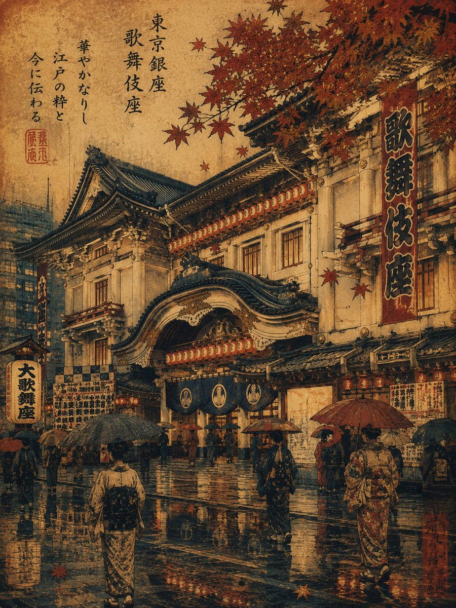 一幅受复古日本浮世绘启发的旅行海报插画，描绘日本东京东京巨蛋（Tokyo Dome）在雨夜秋日傍晚的景象。巨大的灯火通明的穹顶体育场巍然矗立于画面中央，在东京摩天大楼与背景游乐设施所构成的柔和...