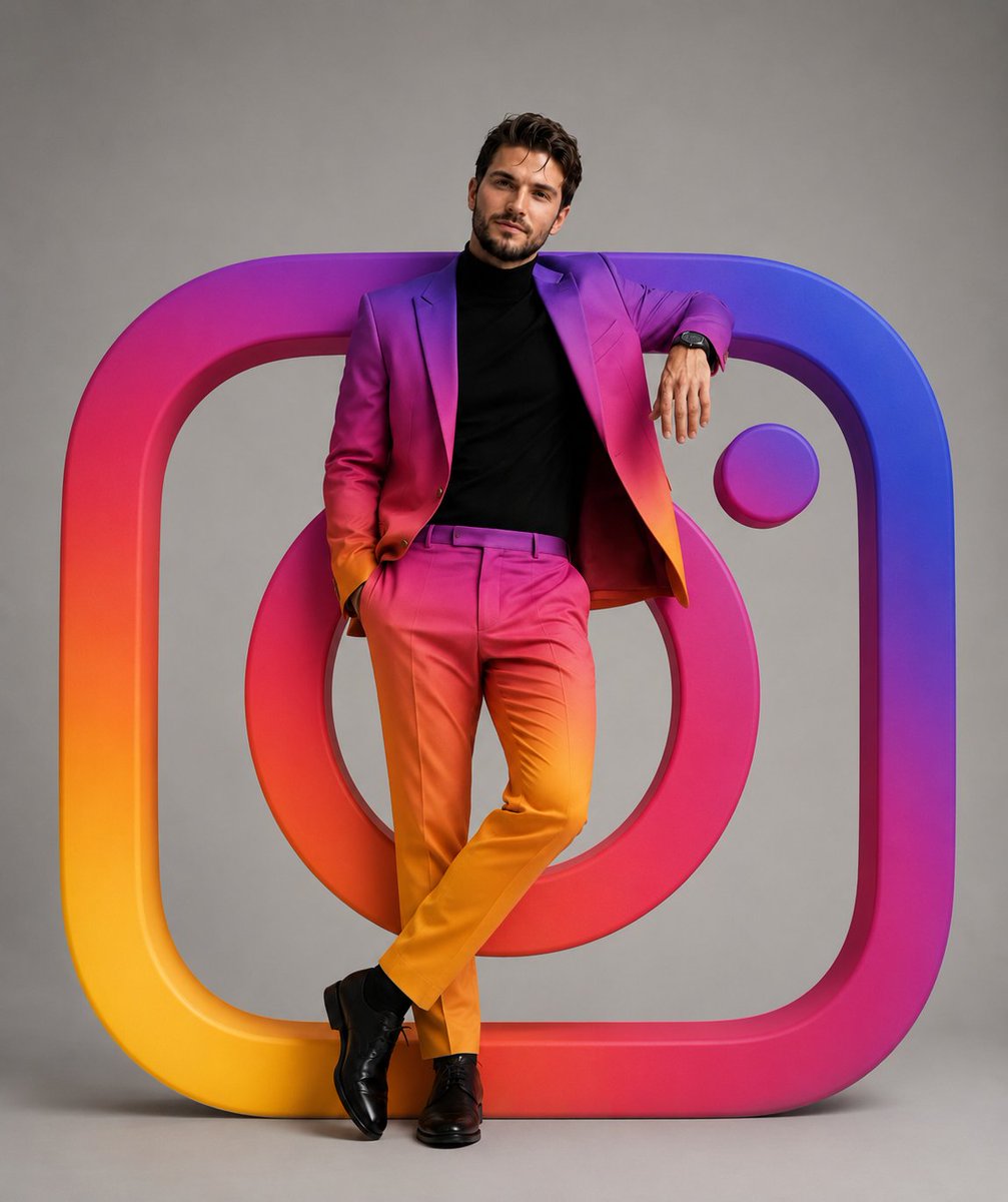 超写实奢华工作室时尚人像，帅气男士随意倚靠在一个巨大的3D Instagram标志旁。Instagram标志尺寸超大，质感光亮，采用标志性的鲜艳渐变色彩，融合浅黄、橙色、粉色、紫色和蓝色。男士...