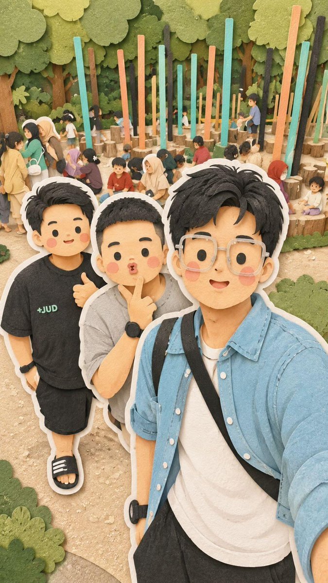 可爱卡哇伊家庭旅行拼贴画，将四个不同的场景组合在一幅构图中，可爱的动漫风格父母、朋友和孩子们一起自拍和探索，手工剪纸立体场景风格，分层硬纸板和毛毡质感，微缩世界美学，温馨柔和的马卡龙色调，柔和...