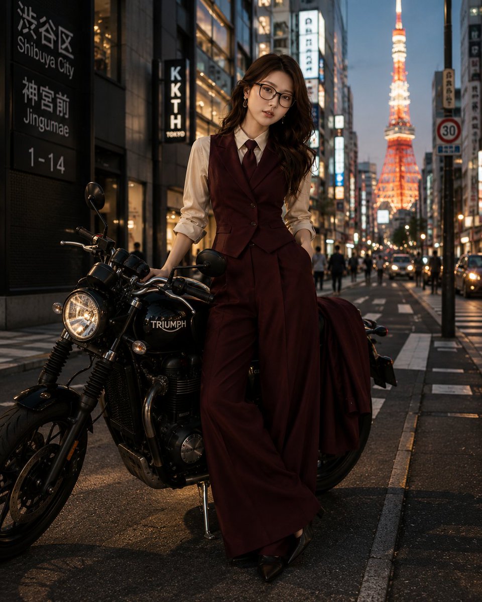 超现实电影感时尚编辑风格照片，一位优雅的女性（参考图中给定）站在狭窄的东京街道上，旁有一辆黑色凯旋摩托车，蓝色时刻，背景中东京塔闪耀发光，街道湿润反光，温暖的城市灯光与霓虹招牌，奢华都市氛围，...