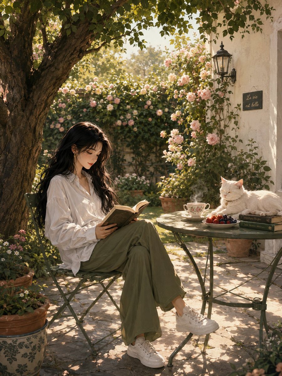 GPT Image 2 on ChatGPT 提示词⤵️ 宁静的阳光下花园场景,采用竖向构图:一位年轻女子长发如瀑、乌黑亮丽,在大树下的一把绿色金属法式咖啡椅上悠然落座,膝上摊开一本书静静阅读...