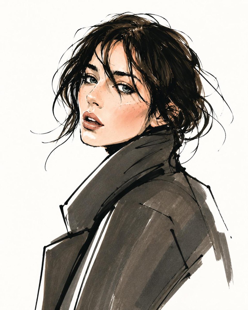 把这张照片转变成《Vogue》风格的时尚插画，同时保留人物的身份、面部特征和相貌。极简手绘素描，优雅拉长的比例，粗犷的黑色墨水轮廓，宽松自信的线条，平涂的马克笔色彩，细腻的腮红点缀。风格化的眼...
