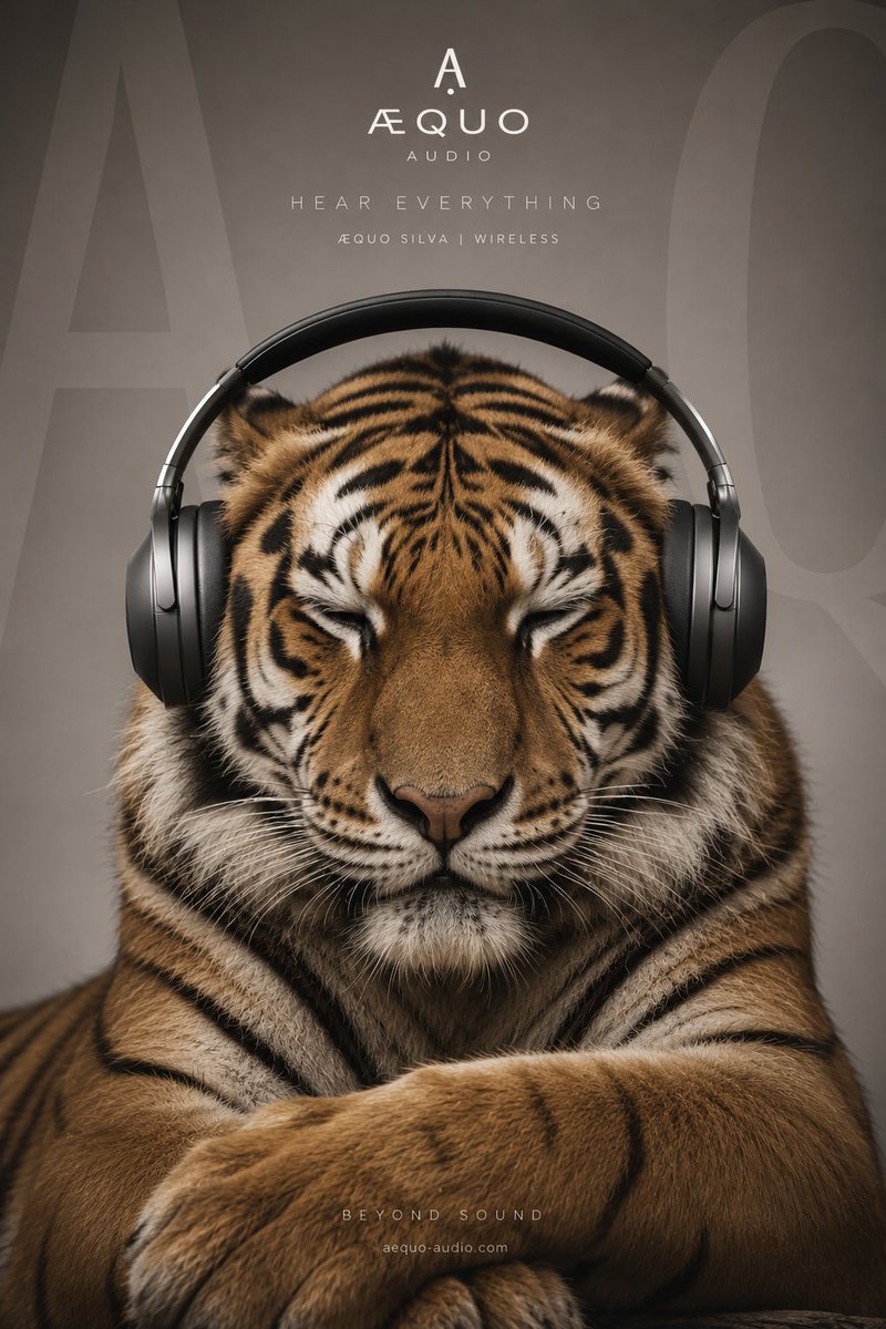 超写实奢华音频宣传海报，画面中一只威严的银背大猩猩戴着优雅的石墨黑高级无线包耳式耳机，全神贯注地放松聆听音乐。大猩猩表情平静，双眼半闭，流露细腻自然的情感，皮肤与毛发纹理高度细致，面部解剖结构...