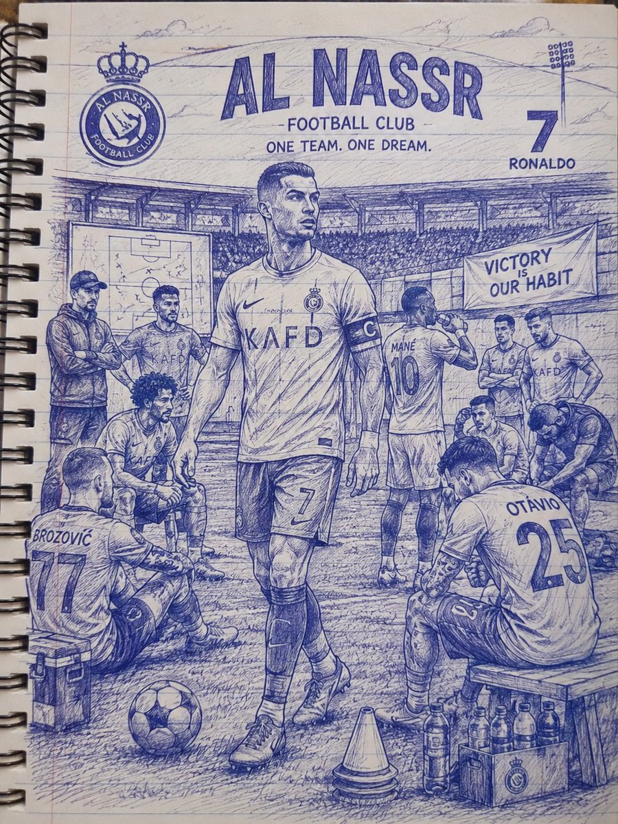 一幅高度精细的单色蓝色圆珠笔素描插画，绘制于螺旋装订笔记本内页之上，描绘克里斯蒂亚诺·罗纳尔多（Cristiano Ronaldo）与阿尔纳斯尔足球俱乐部（Al Nassr Football...