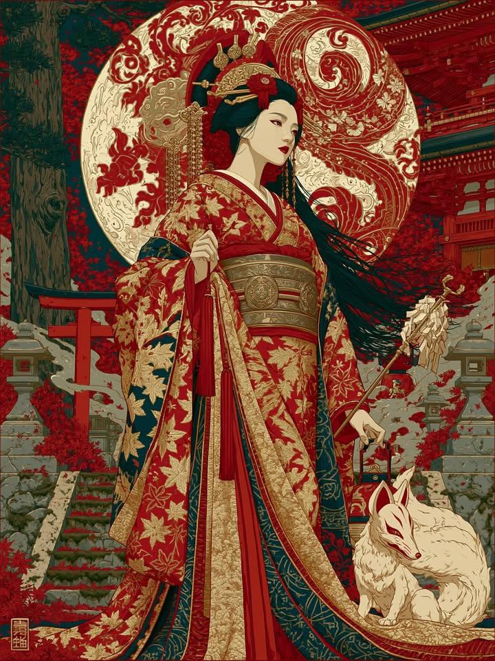 受浮世绘启发的数字插画，竖版人像，采用浓郁的红色与金色配色，搭配繁复的图案纹样。 中心：一位优雅的日本女性，身着飘逸的红金相间和服，饰以枫叶与花卉图案，头戴华丽的金色头饰，垂有流苏与发饰。她拥...